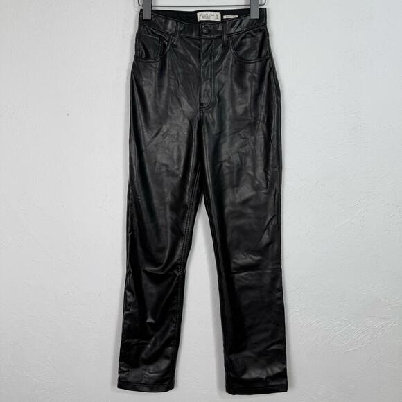 Abercrombie The 90s Straight Ultra High-rise Pants Size 26 2 Vegan Leather Black - Picture 1 of 13